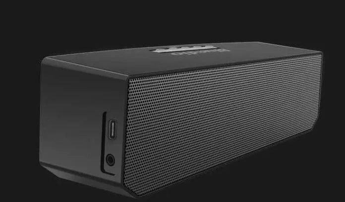 Black rectangular BS-6 Bluetooth speaker showing front speaker grill and control buttons