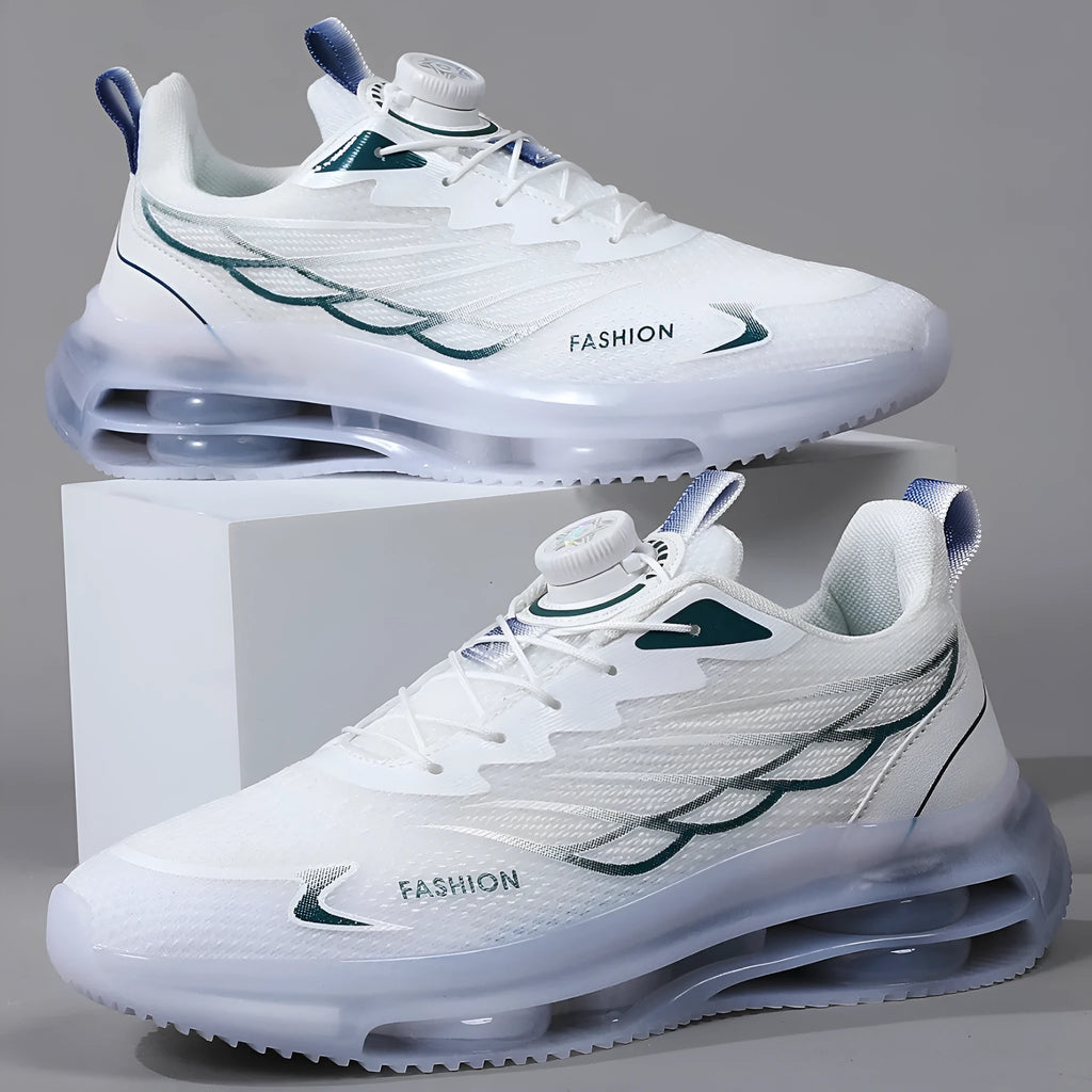 White men's casual running shoes with rotating button closure and mesh upper in Korean style design
