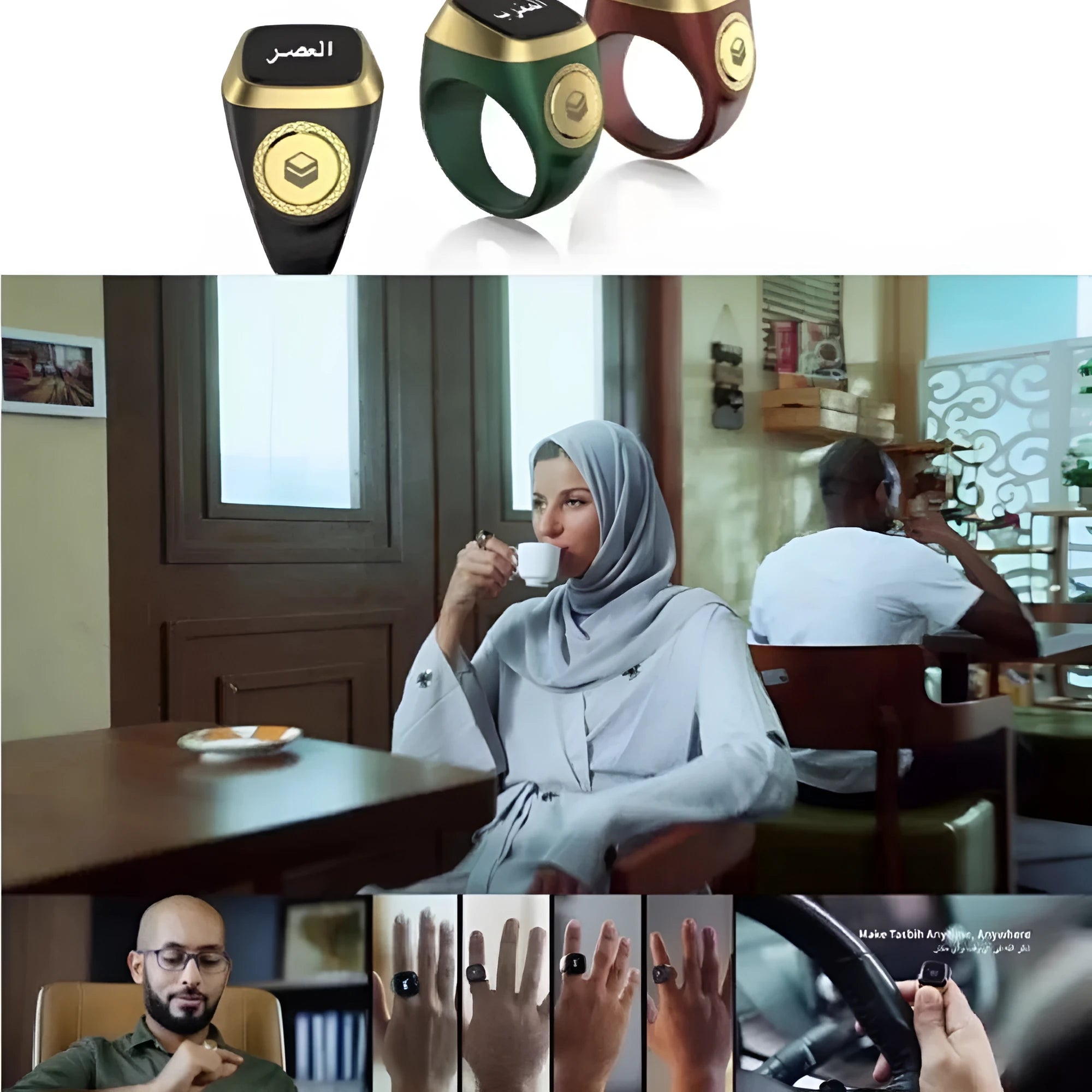 Zikr1 smart ring showing OLED display with time and count, metal body, on a finger.
