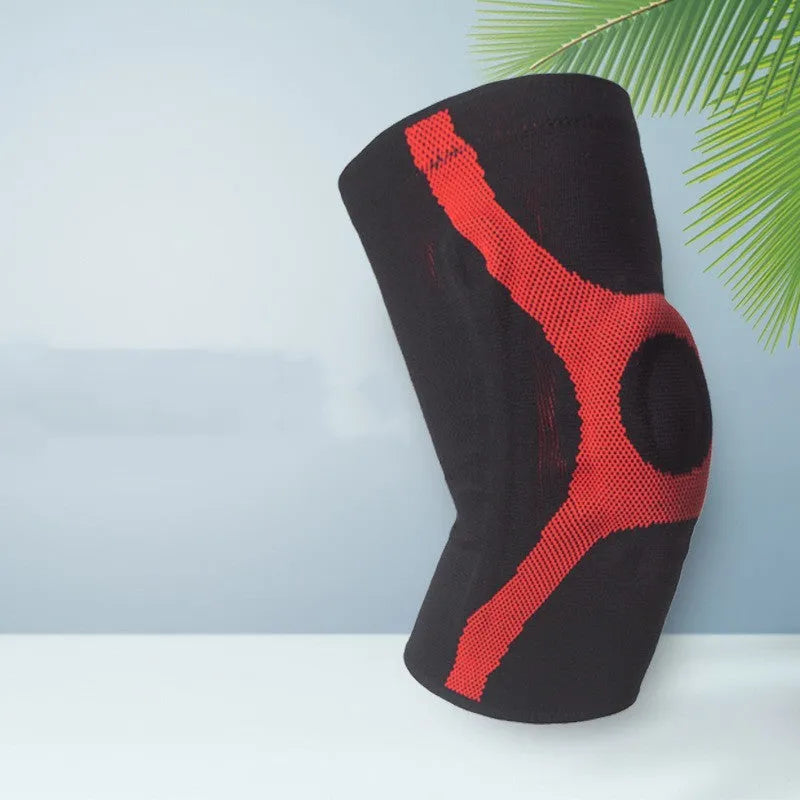 Red and grey knitted sports knee pads with non-slip silicone grip for running and climbing.