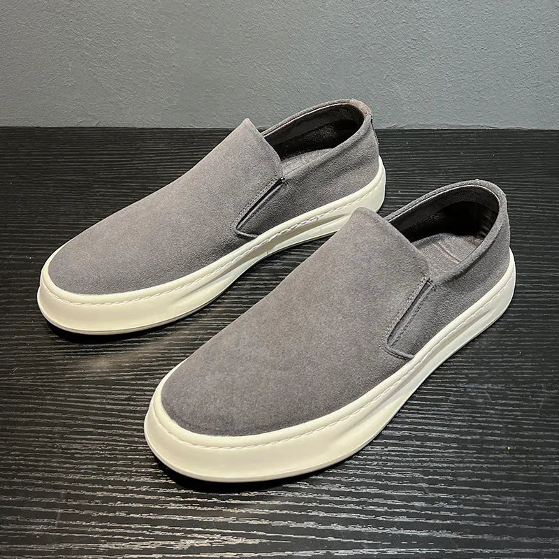 Men's grey and apricot casual shoes with round toe, PU leather upper and rubber sole