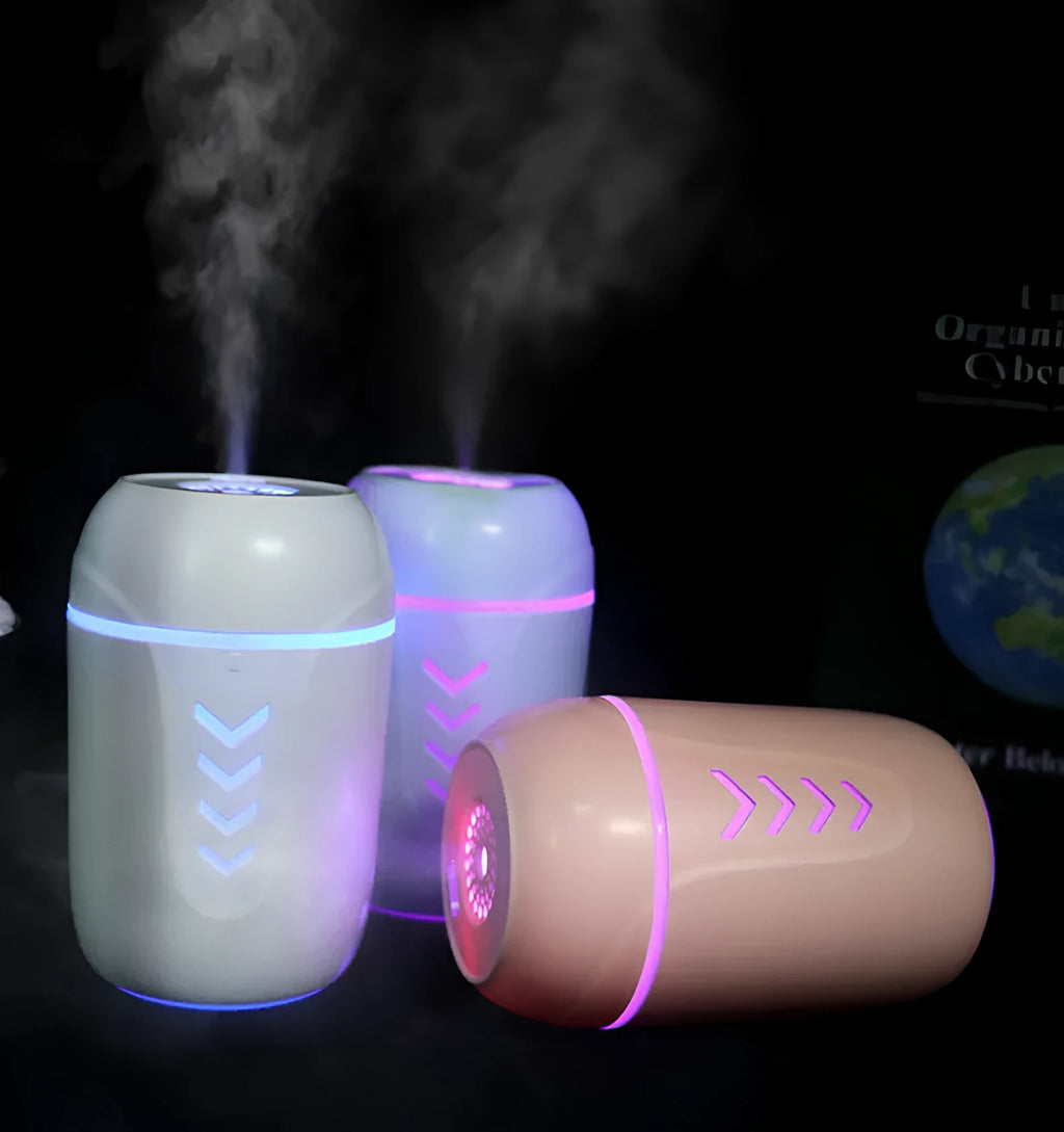 Portable columnar car humidifier with mechanical controls and USB cable in blue colour