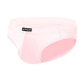 Men's solid colour seamless low-waist briefs in white, black, and pink laid flat.