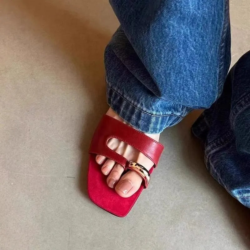 Plus size outdoor leather slippers with square head design in black, red, silver, and white colours