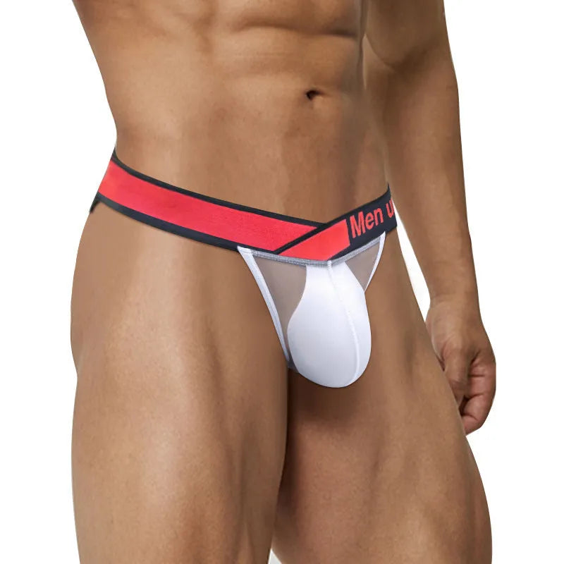 Men's transparent ice silk breathable briefs in red, black, or white with a large V gradient high fork design.