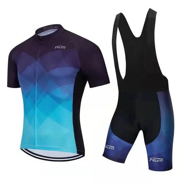 Cycling jersey and shorts set for summer bike riding with moisture wicking properties