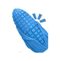 Blue and yellow corn-shaped durable dog chew toy with textured grooves for dental care.
