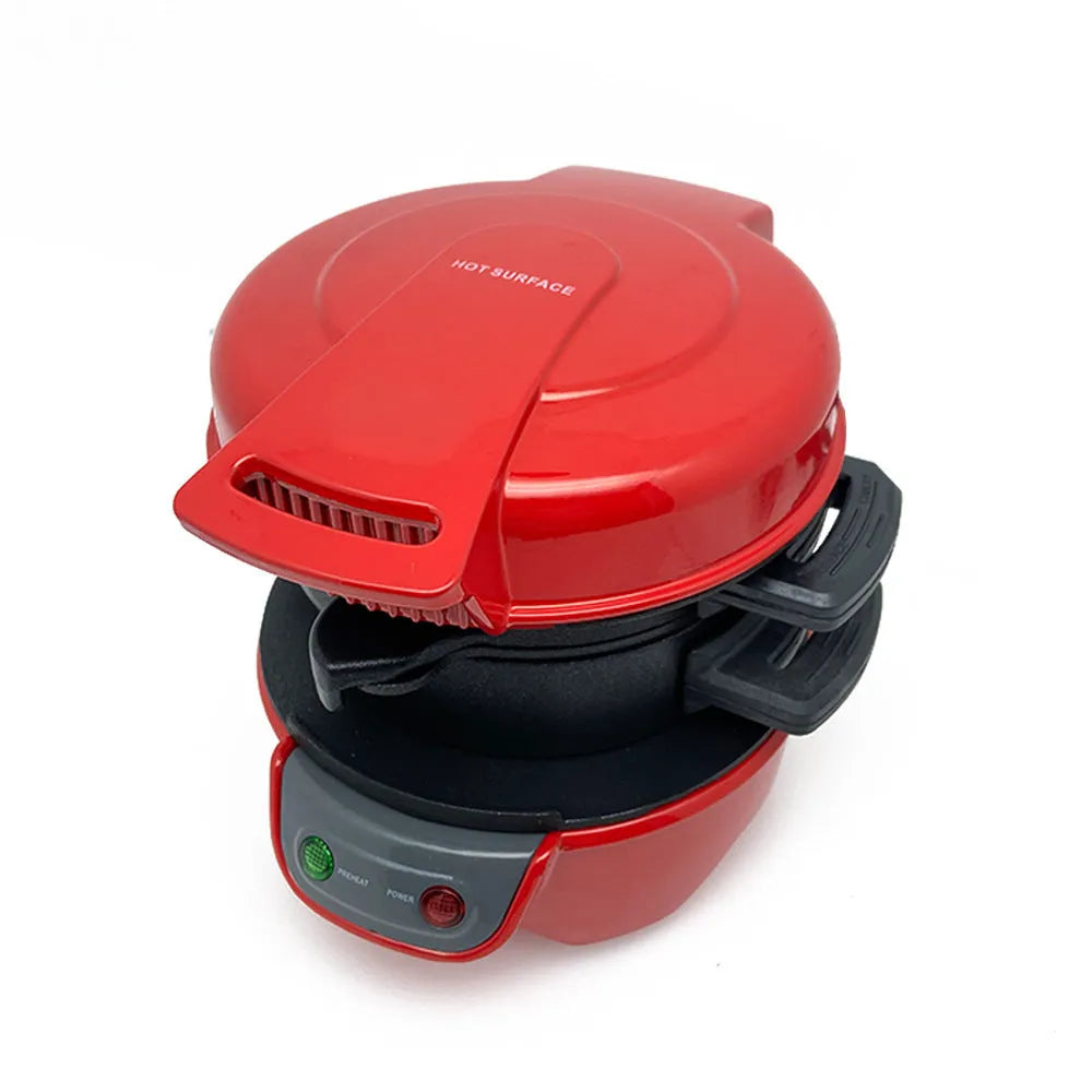 Bright red multifunctional breakfast machine with sandwich plates, waffle grid, and egg cooker ring on a kitchen counter.