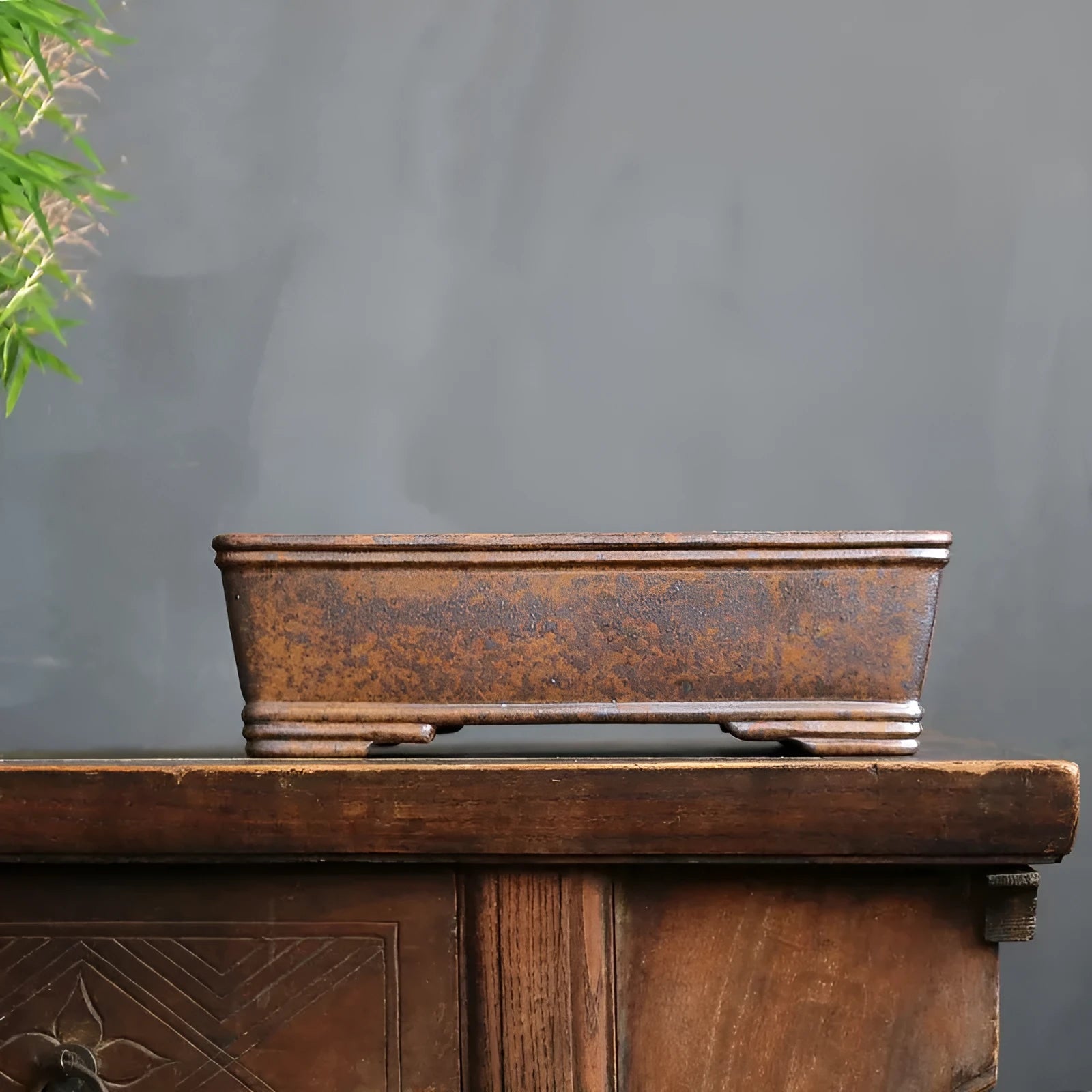Purple sand rectangular bonsai planter with firewood burnt texture, shown in large and small size options.