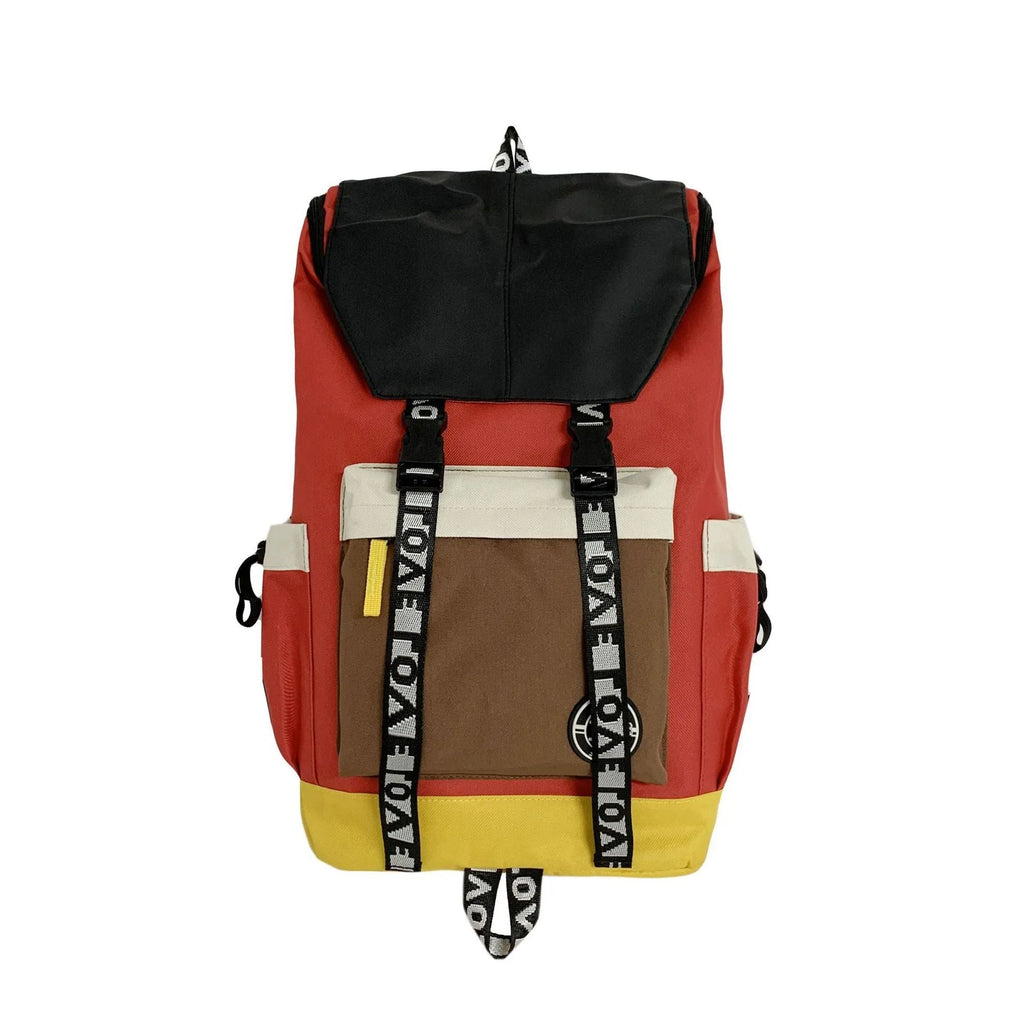 Oxford cloth backpack in black, green, or red with adjustable carrying straps.