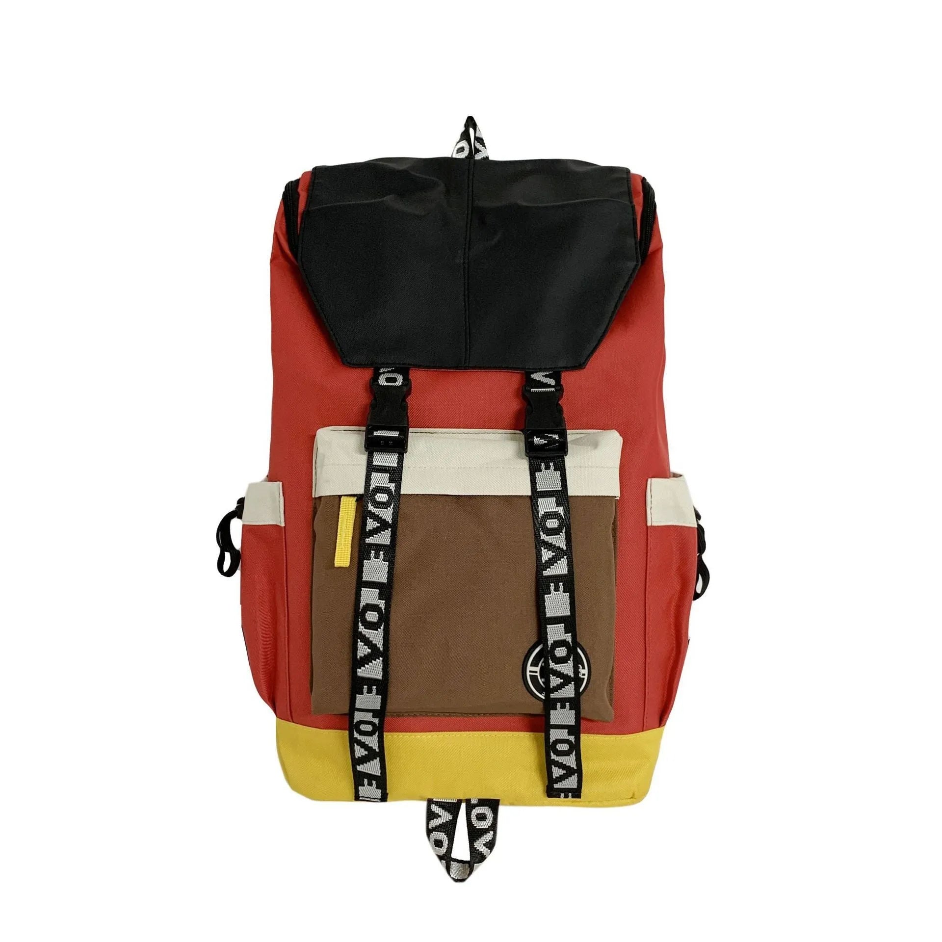 Oxford cloth backpack in black, green, or red with adjustable carrying straps.