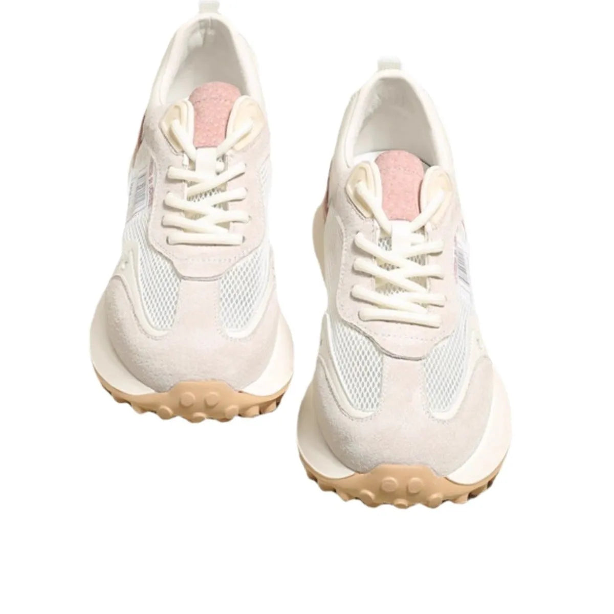 Women's grey and pink retro sneakers with mesh lining, rubber sole, and round toe design