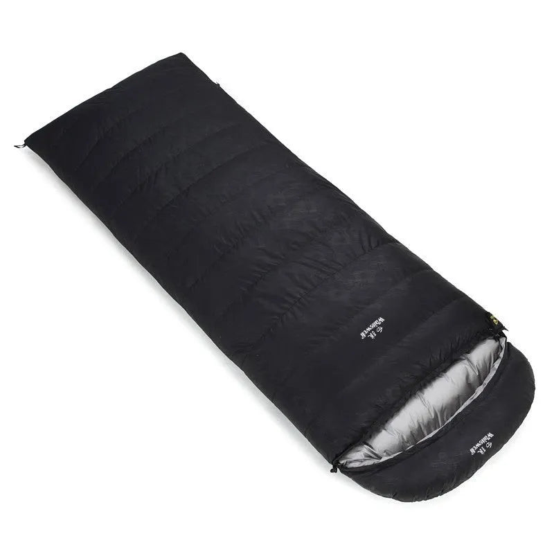 Black down sleeping bag with envelope structure and white goose down filler