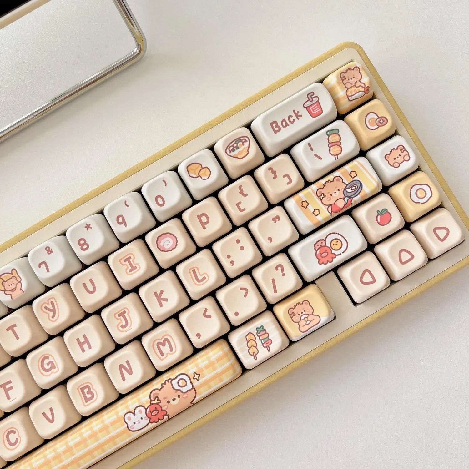 Set of 140 Rabbit Bear Restaurant themed PBT plastic keycaps with EOA height profile for mechanical keyboards.