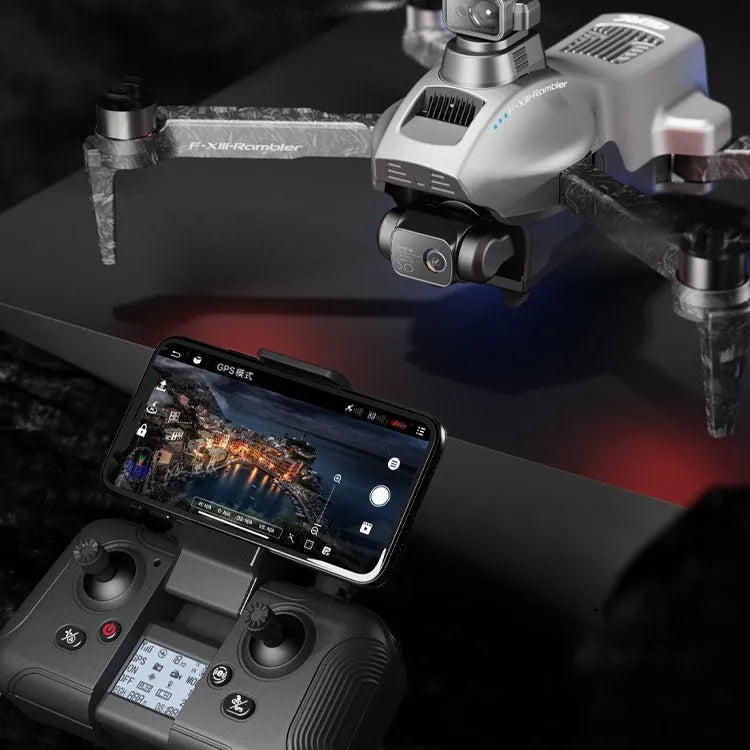 White folding quadcopter drone with camera and propeller guards on a remote control.