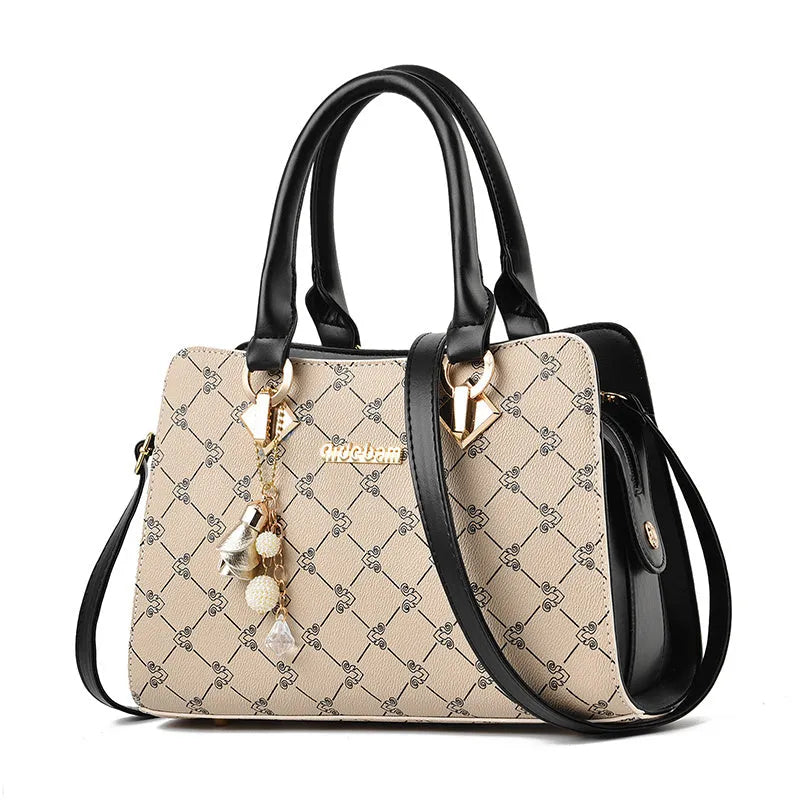 Women's PU leather messenger bag with geometric print pattern and crossbody strap