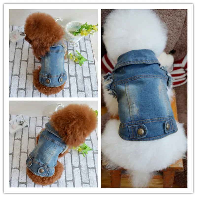 Denim dog vest with retro scratch pattern in dark and light colours for small breed dogs
