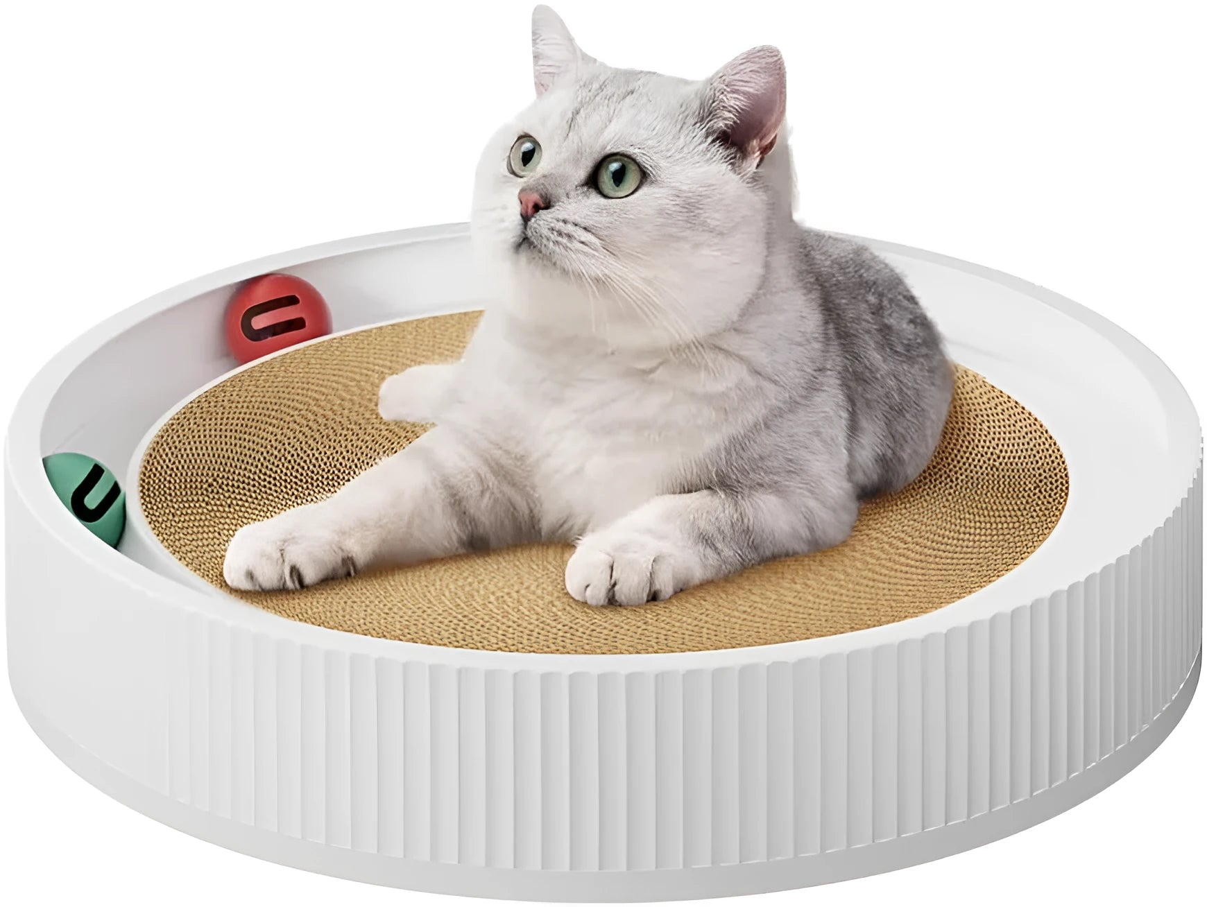 Large green circular cat scratching board with moving ball toys and spring-mounted plush ball