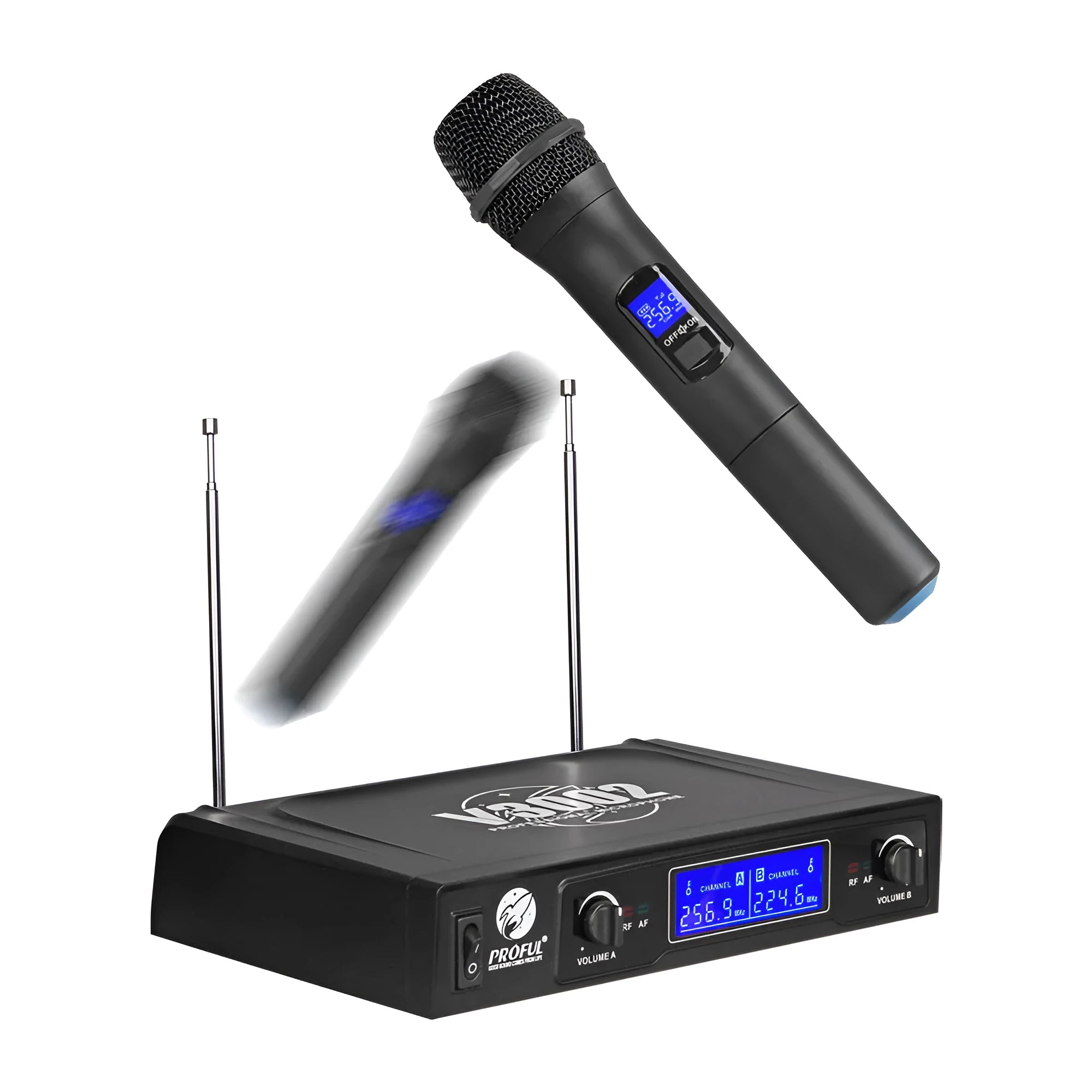 V-3002 wireless microphone system with two black handheld microphones and a transmitter unit.