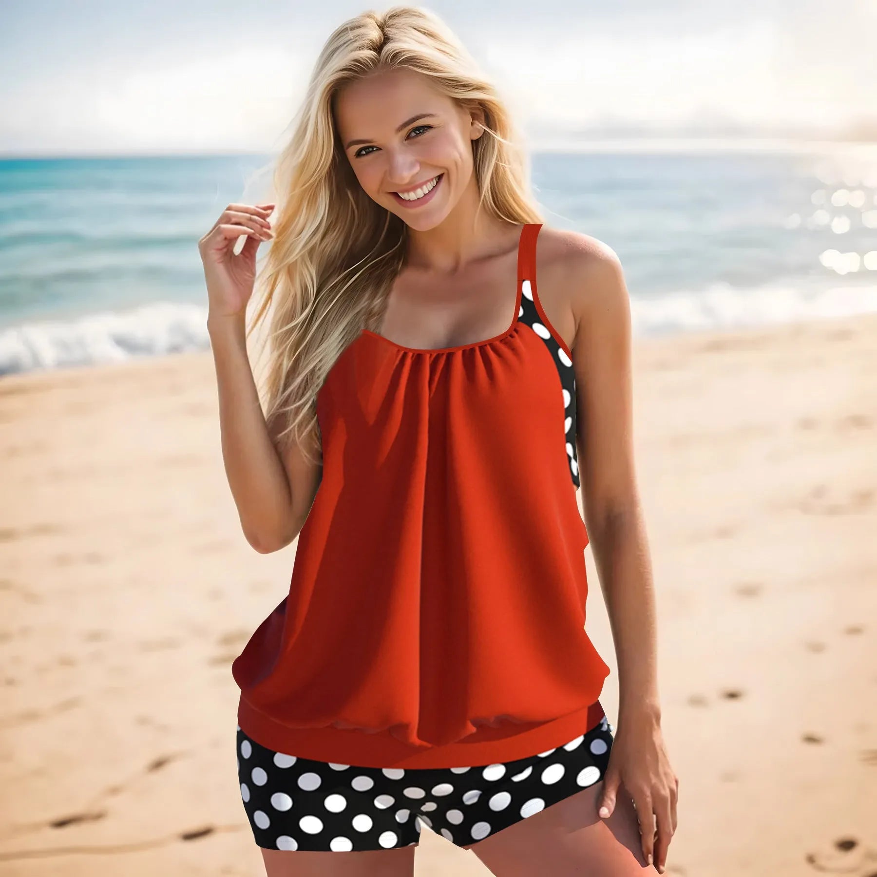Women's polka dot boxer swimsuit with high waist briefs design in polyester fabric