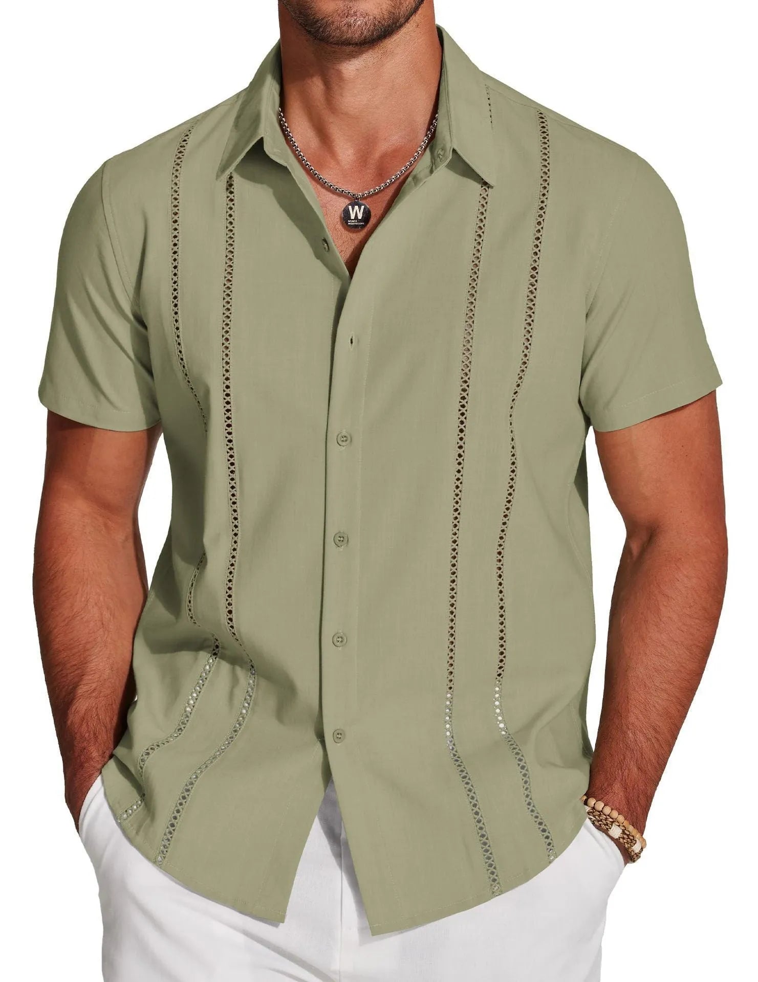 Men's slim fit Hawaiian short sleeve shirt with digital print pattern.