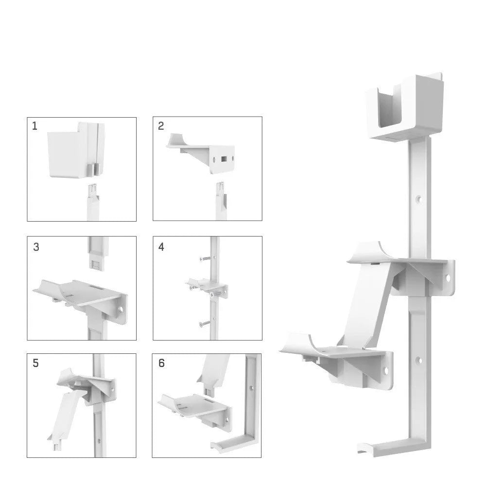 White wall-mounted hook holding PS5 controller and gaming headset