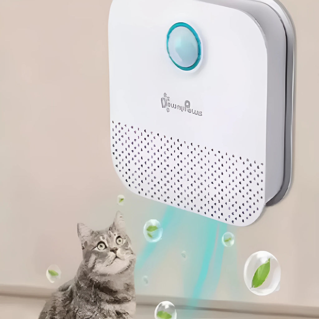 White DownyPaws smart cat litter odour purifier with compact square design and USB charging port.