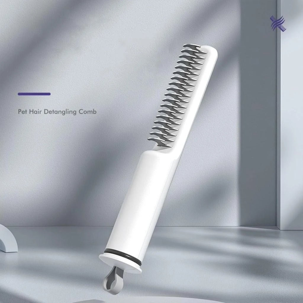 Stainless steel dematting comb for dogs with rake teeth and coloured handle.