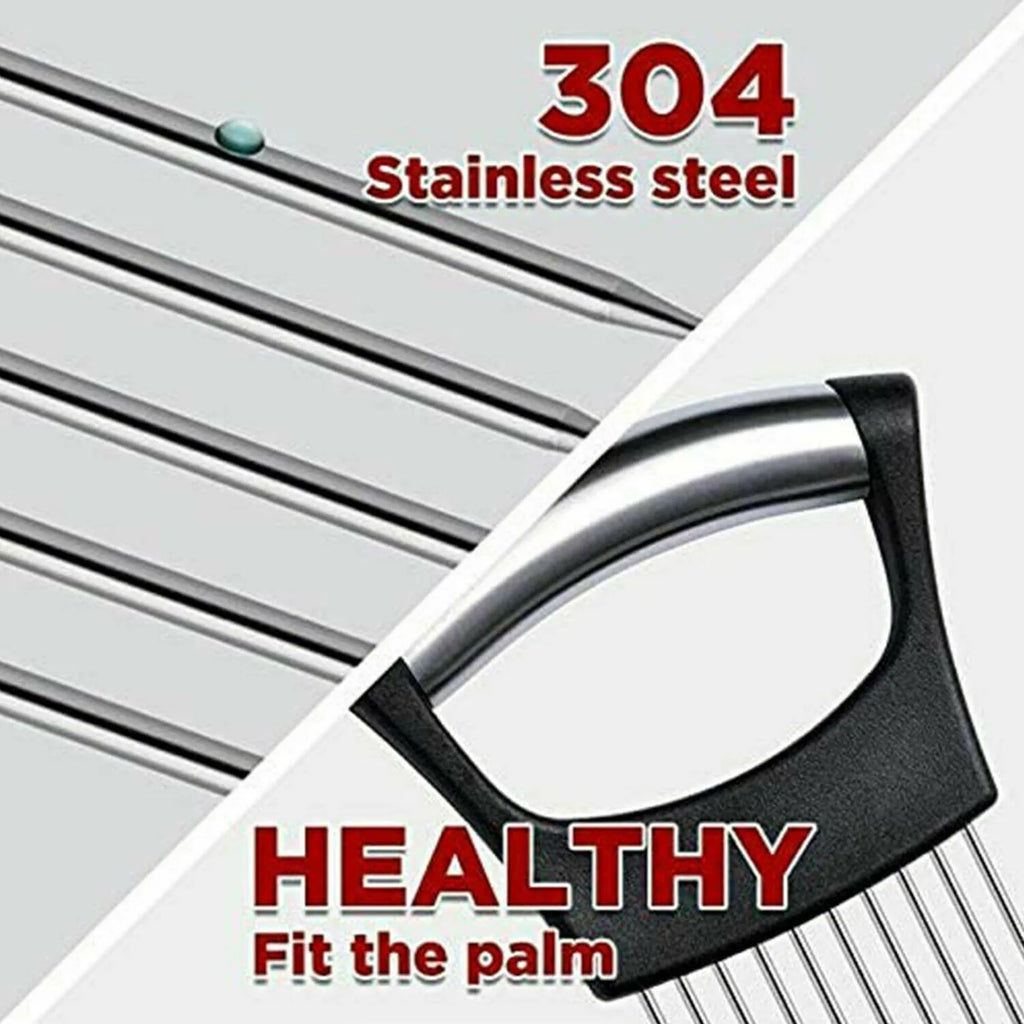 Stainless steel onion holder slicer with ABS handle on a kitchen worktop