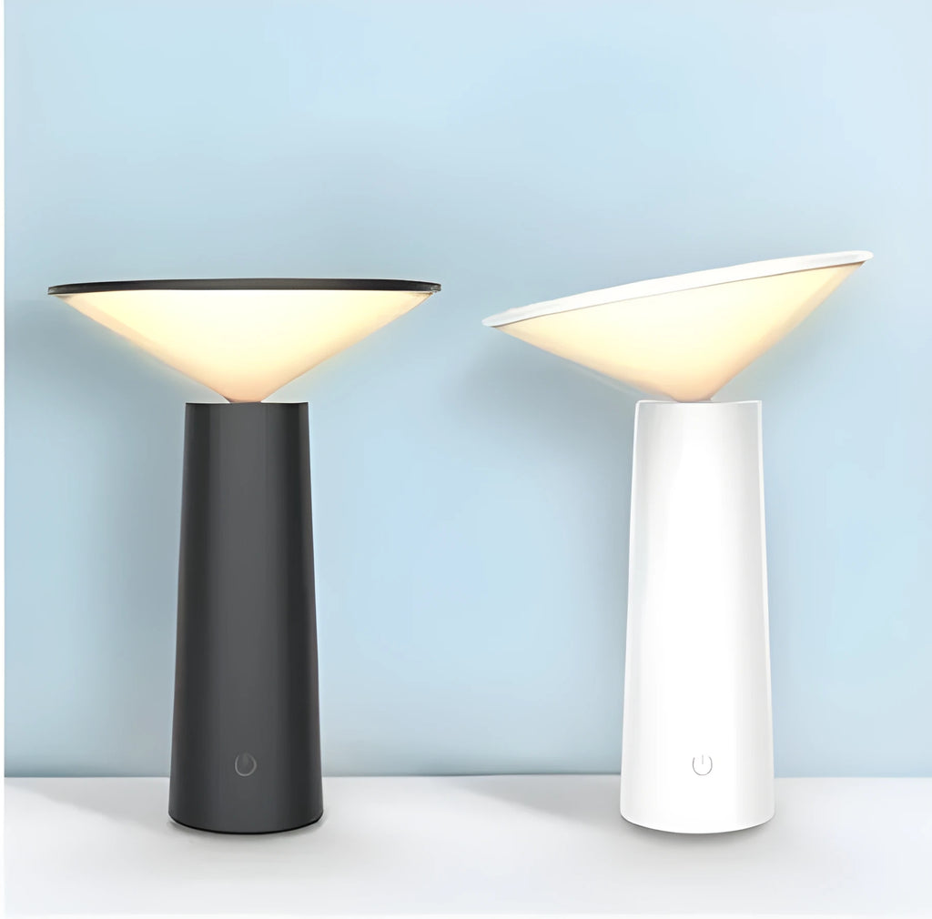 Black or white USB rechargeable LED desk lamp with a touch-sensitive base and a tilting lamp head.