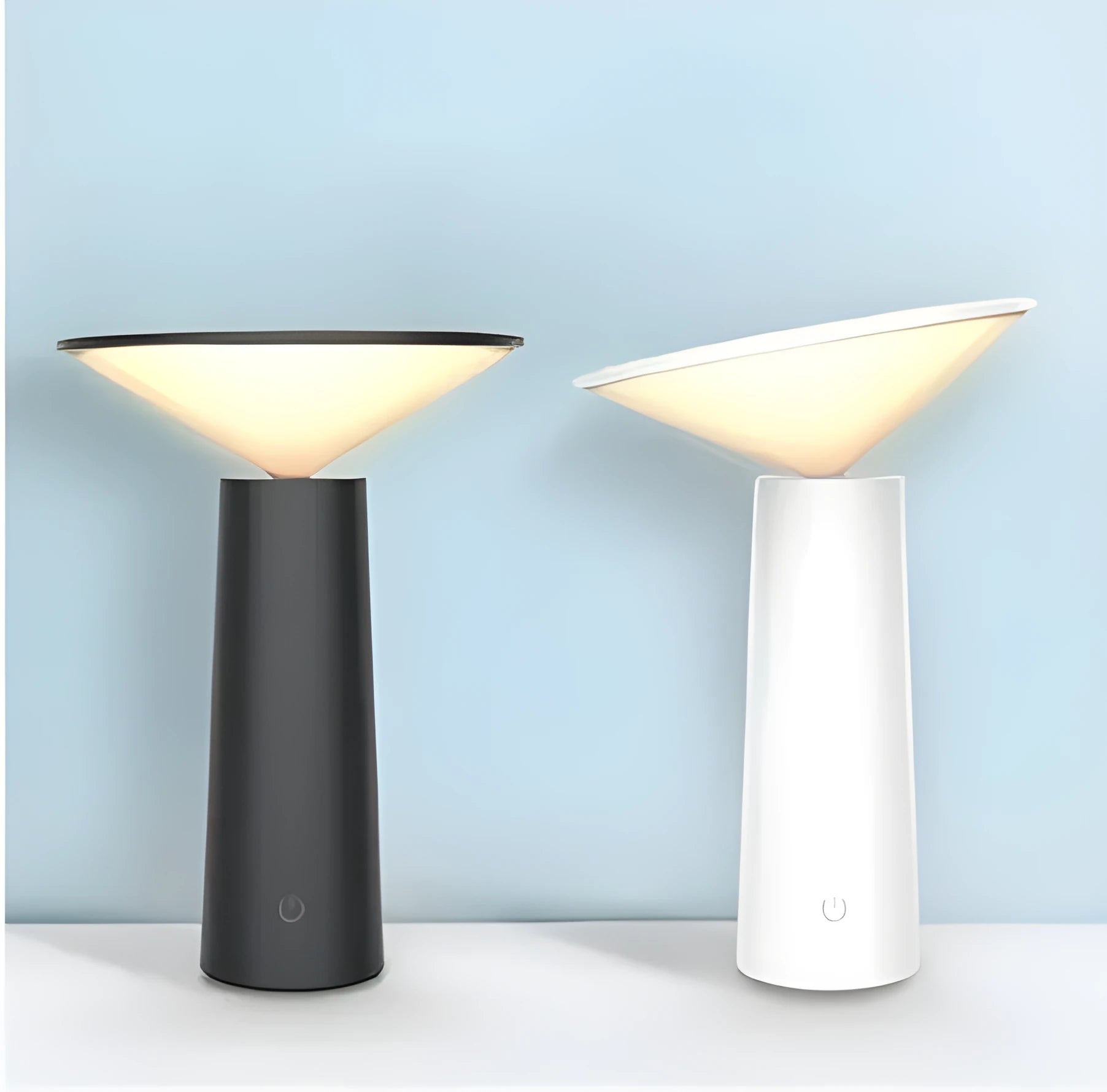 Black or white USB rechargeable LED desk lamp with a touch-sensitive base and a tilting lamp head.