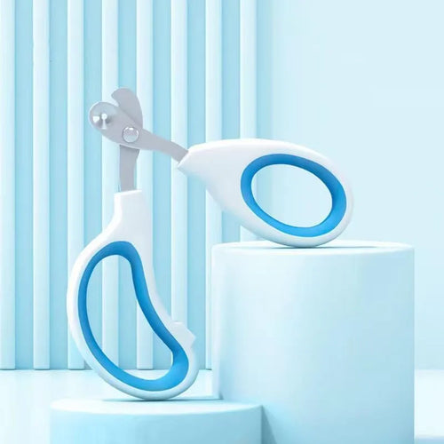 Blue cat nail clippers with a circular cutting hole and cushioned non-slip handle on a white background.