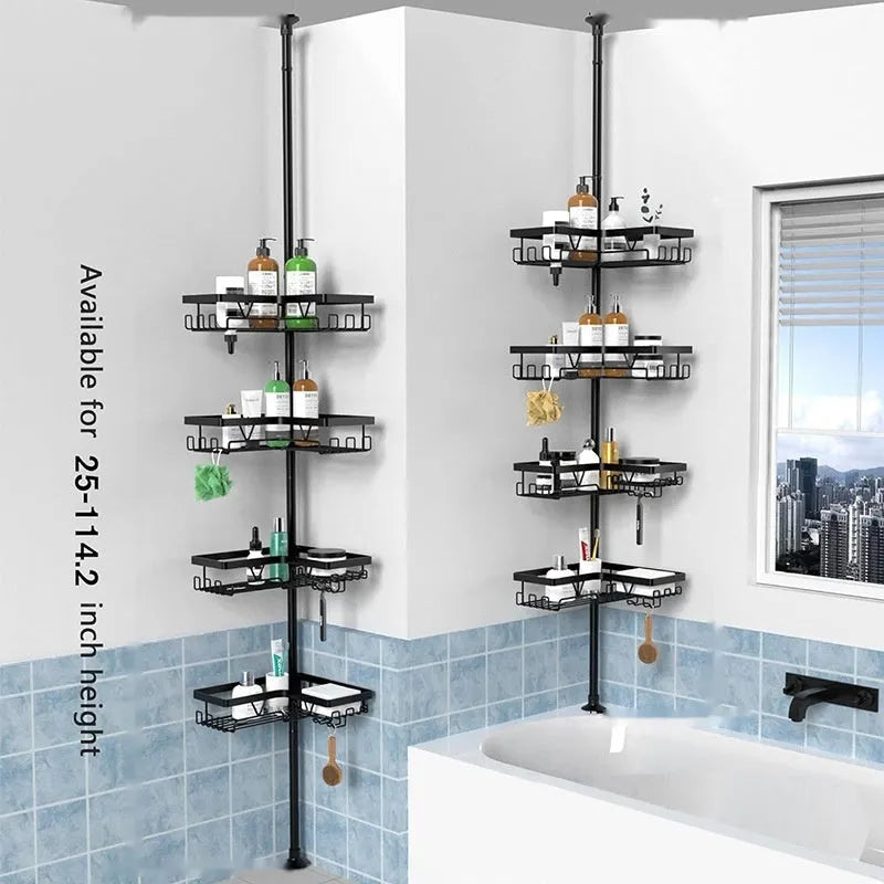 Hole-free retractable bathroom storage rack with 4 stainless steel shelves