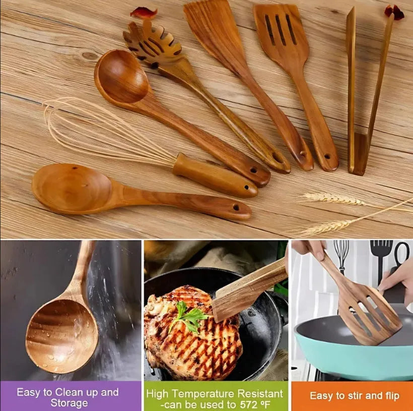 Wooden cooking utensils seven-piece set with spoon and shovel tools for non-stick pans
