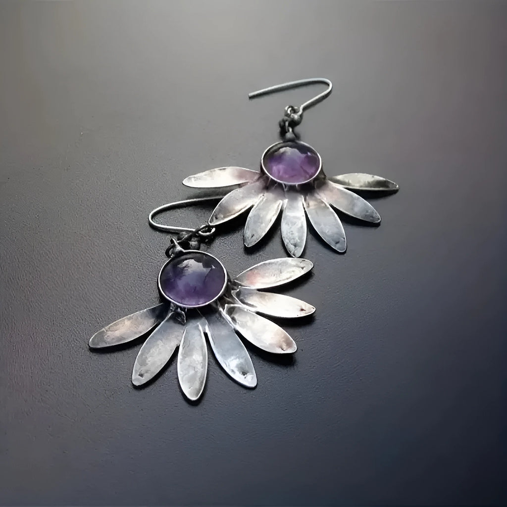 Purple animal Zodiac bohemian style earrings with resin gemstone details and alloy metal construction