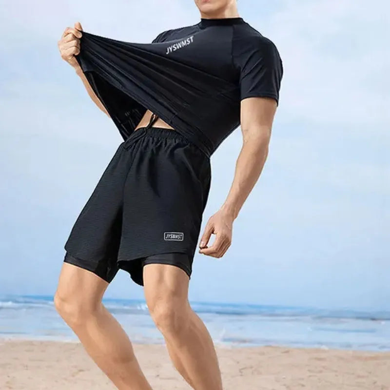 Men's plus size swimming trunks suit in polyester fabric showing complete set with top and pants