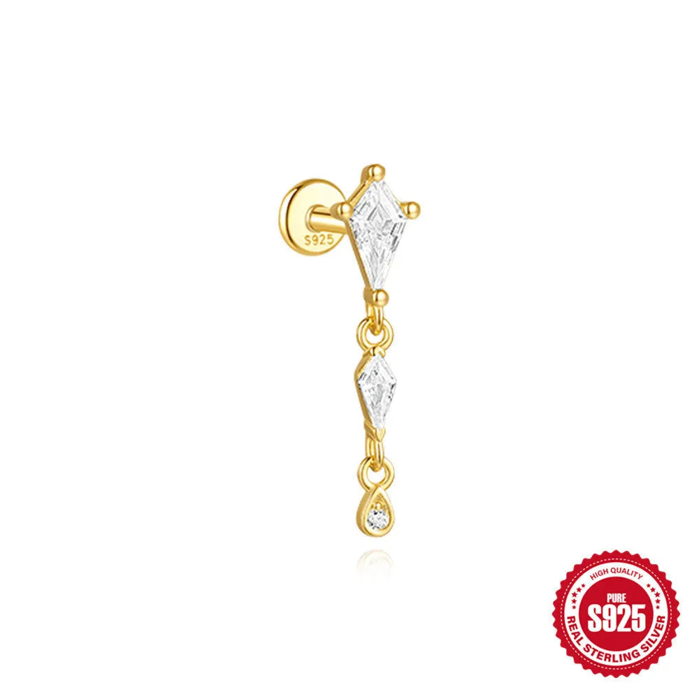S925 sterling silver geometric kite-shaped earring with rhinestone chain tassel in a gold colour finish.