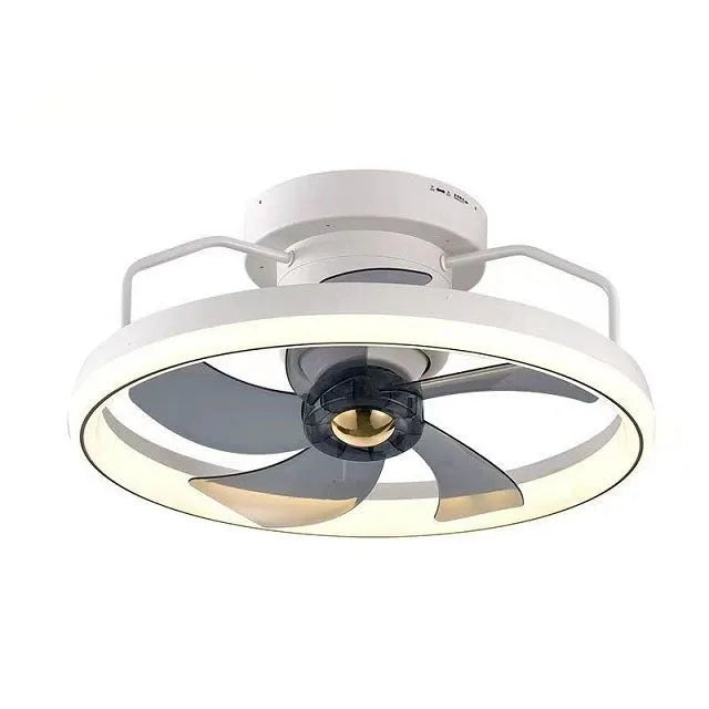 Modern ceiling fan light with light on, showing white PC blades and acrylic lampshade