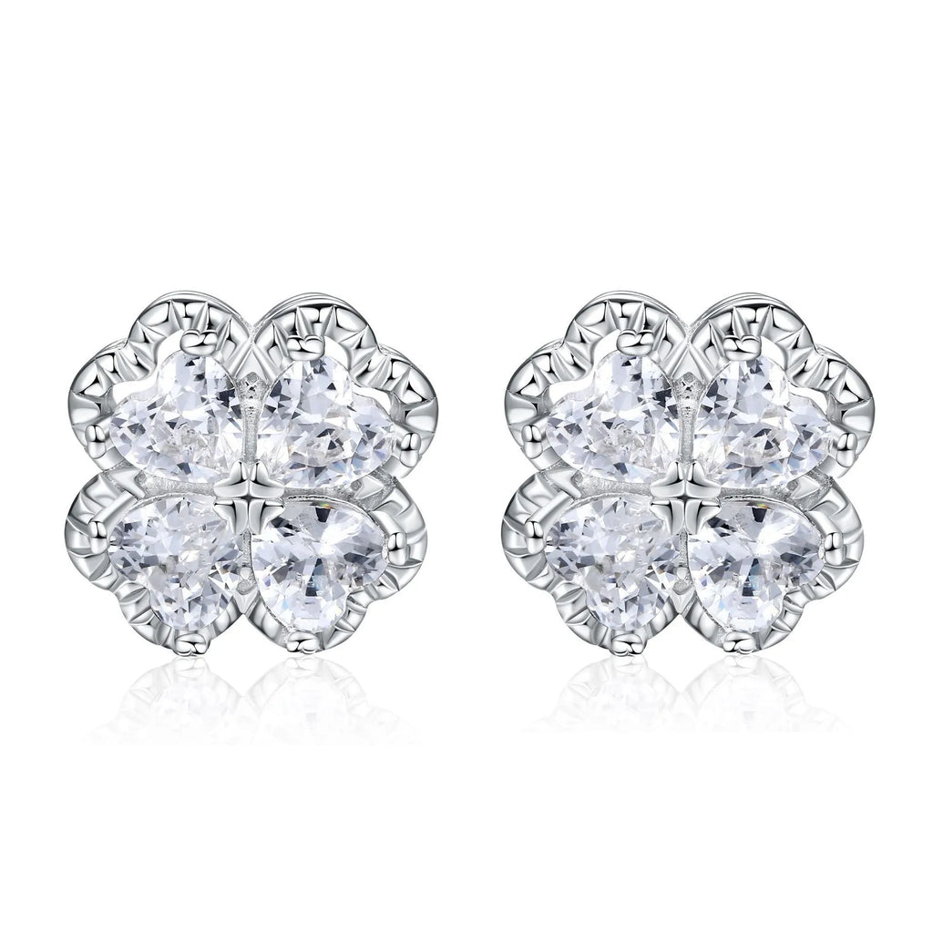 925 sterling silver four-leaf clover heart earrings with zircon detailing in white gold colour