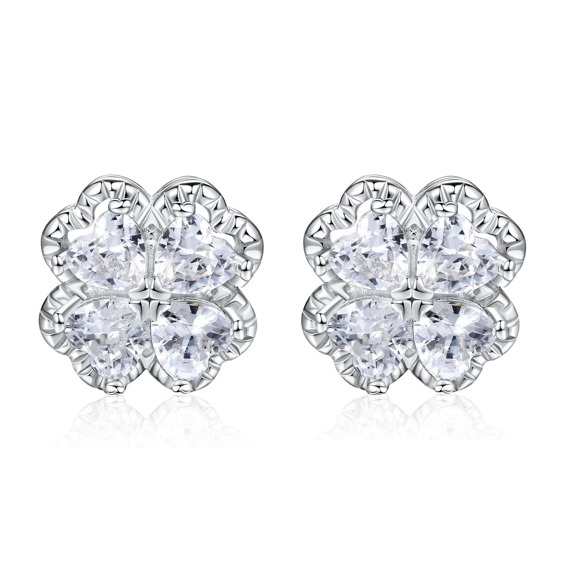 925 sterling silver four-leaf clover heart earrings with zircon detailing in white gold colour