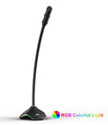 Black wired desktop microphone on a stand with a foam windscreen, showing 3.5mm connector.