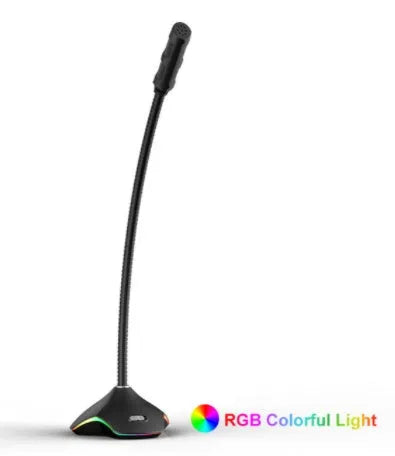 Black wired desktop microphone on a stand with a foam windscreen, showing 3.5mm connector.
