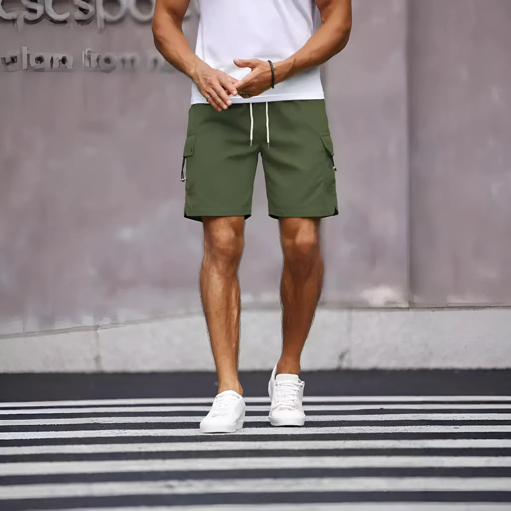 Men's loose fit work shorts in fluorescent green or army green colours with straight leg design