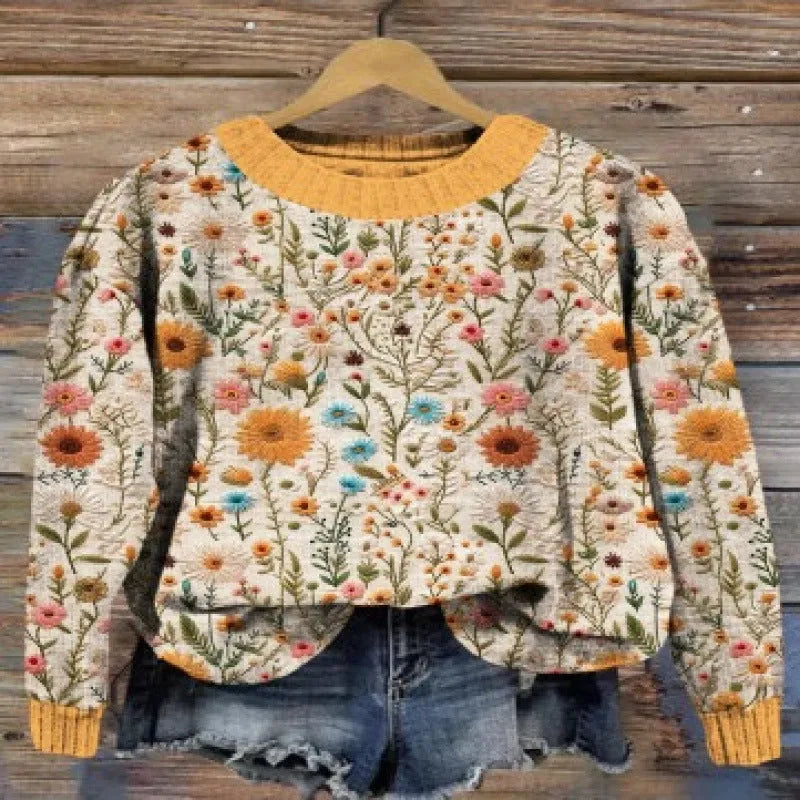 Little Flower digital printed round neck sweater in polyester, shown on a hanger.