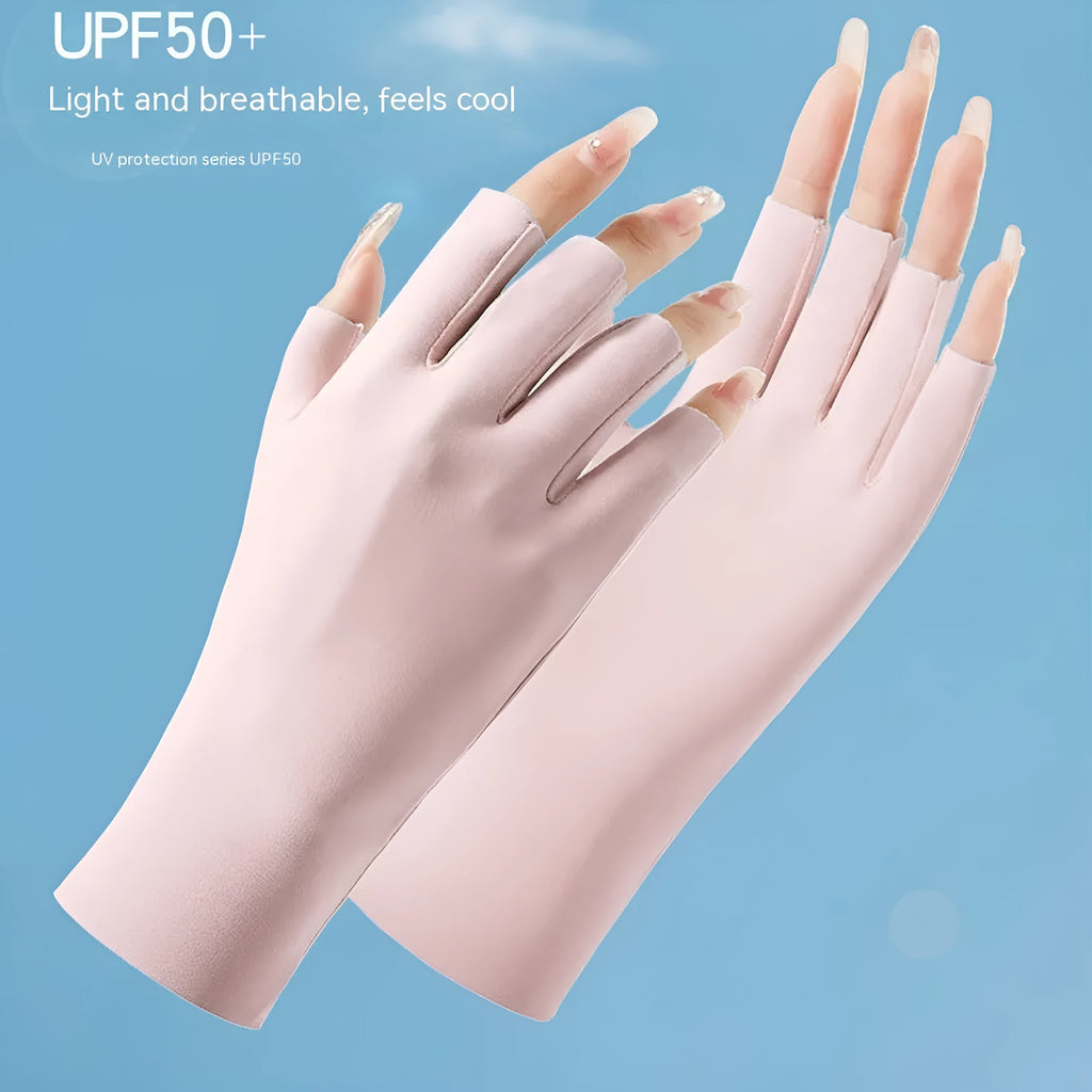 Women's thin ice silk sunscreen gloves with UPF50 rating for driving and cycling hand protection