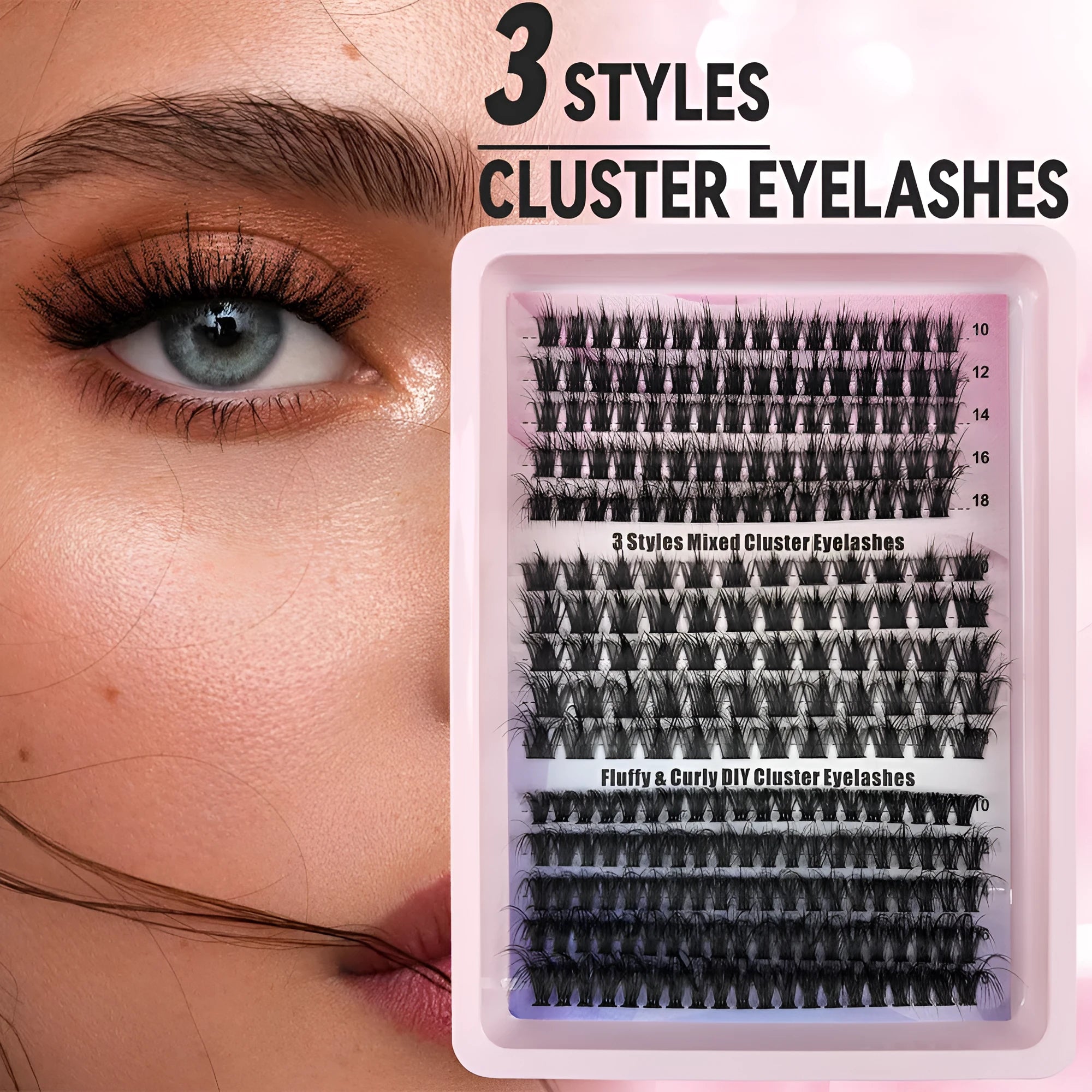Large box of mixed messy false eyelashes showing storage dimensions and style variety.