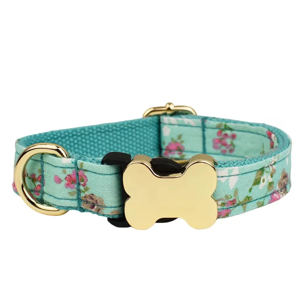 Flat printed grid nylon dog collar with a bone-shaped buckle in assorted colours