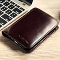 Men's black leather wallet open to show internal compartments: photo slot, card slots, banknote folder, and change pocket.