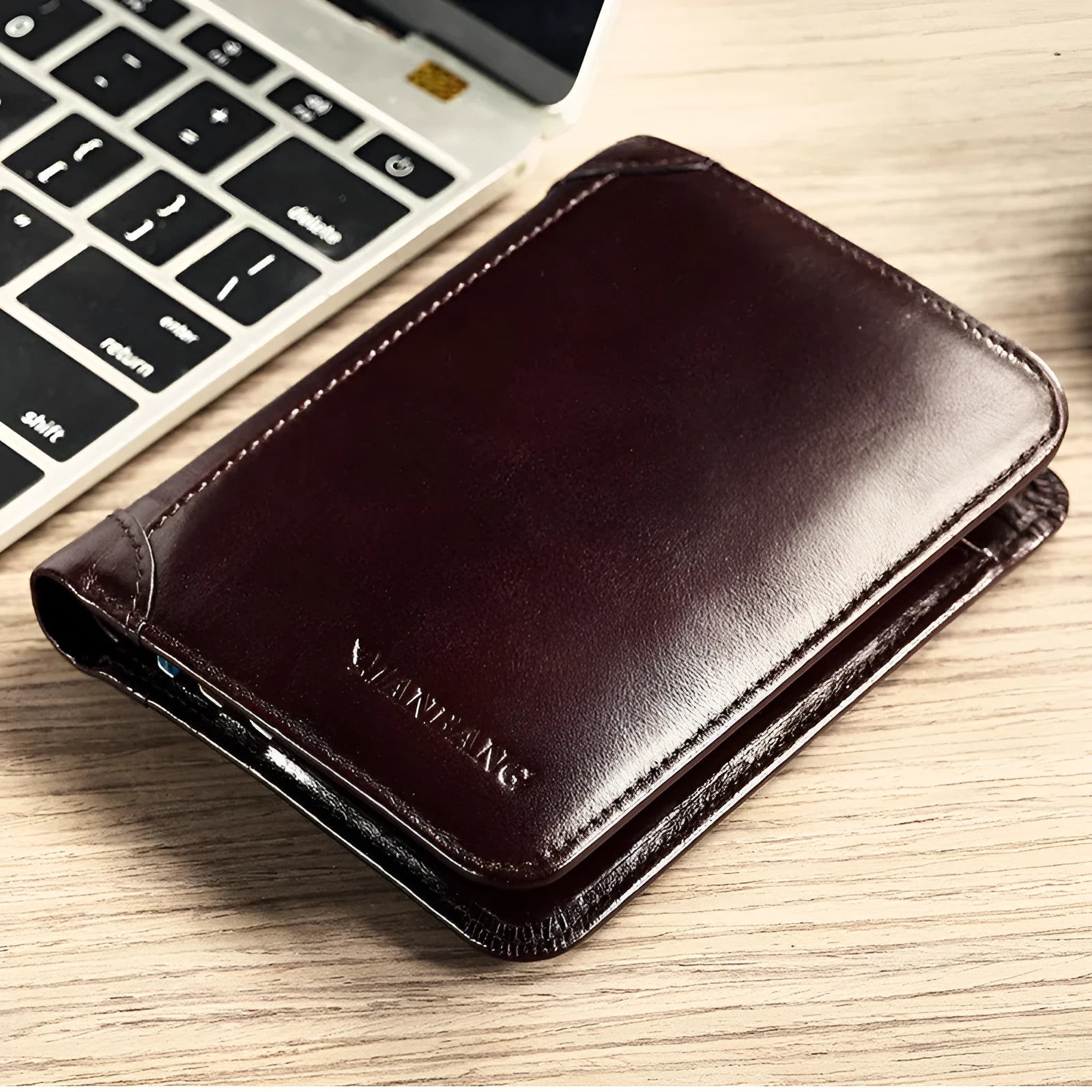 Men's black leather wallet open to show internal compartments: photo slot, card slots, banknote folder, and change pocket.