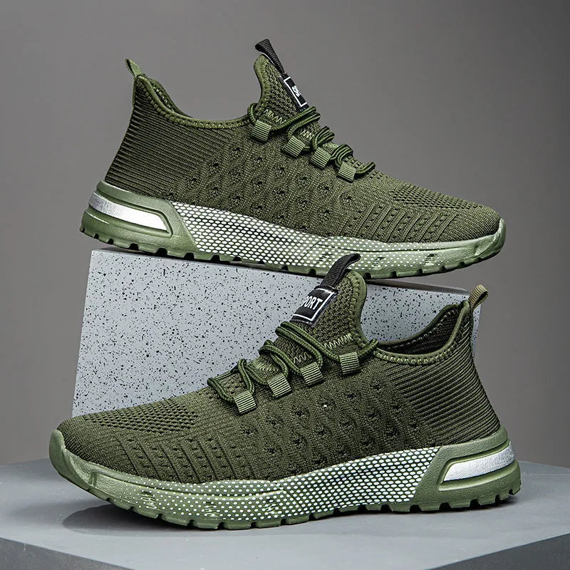 Men's solid colour casual shoes with a mesh upper in Army Green, shown in size 42.